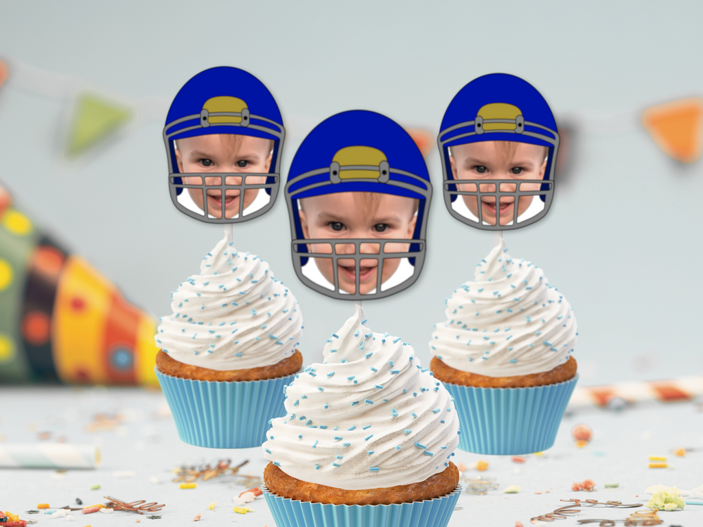Football cupcake toppers with blue helmet