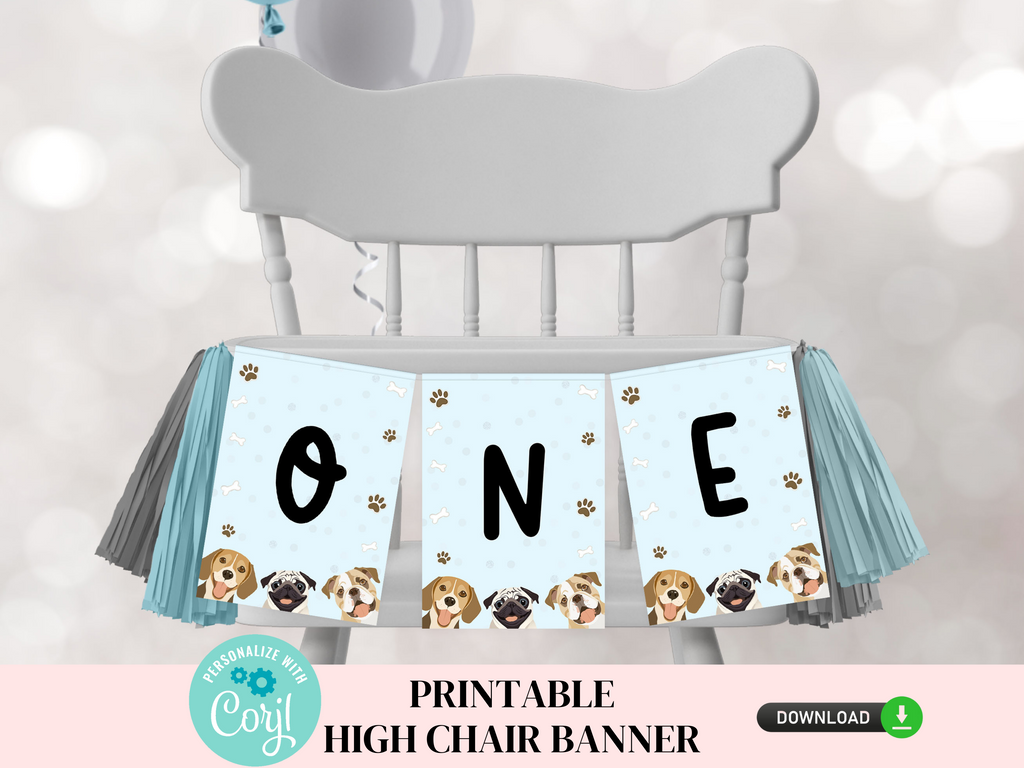 Printable and editable let's pawty ONE high chair banner in blue with dogs on it. 