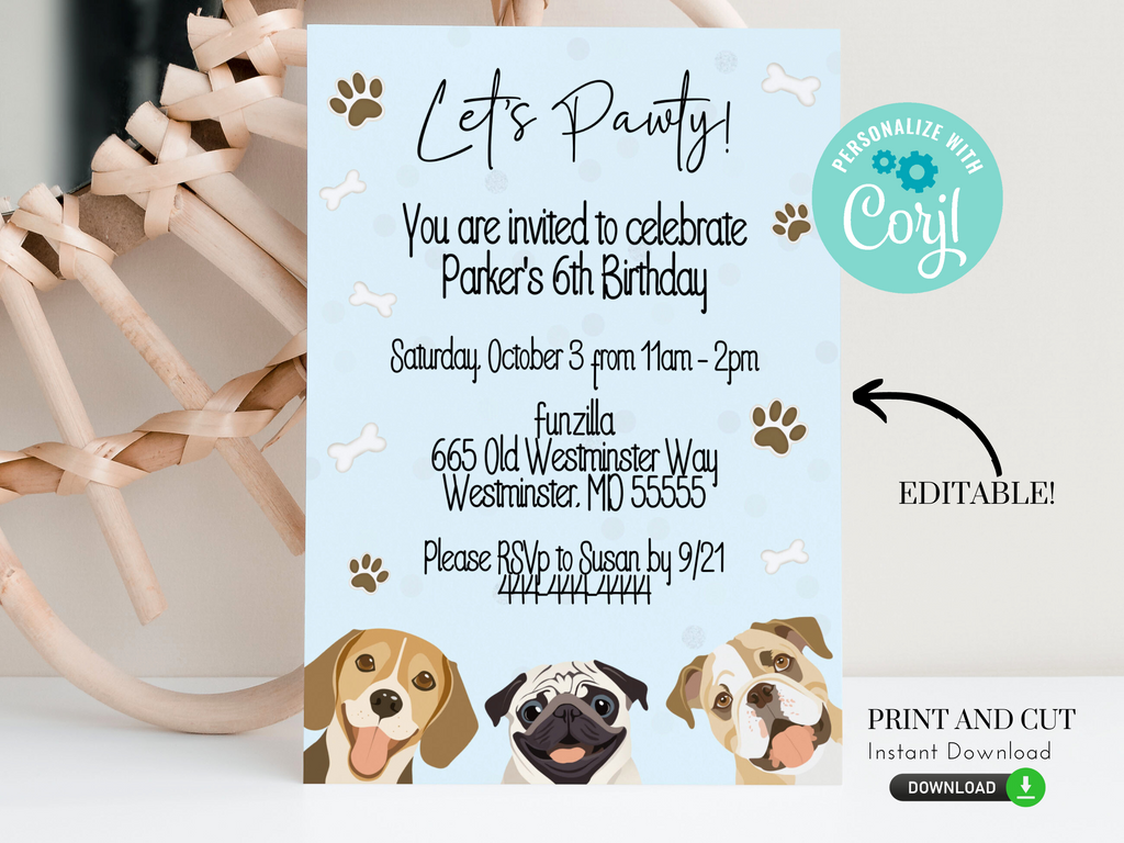Printable and editable let's pawty invitation