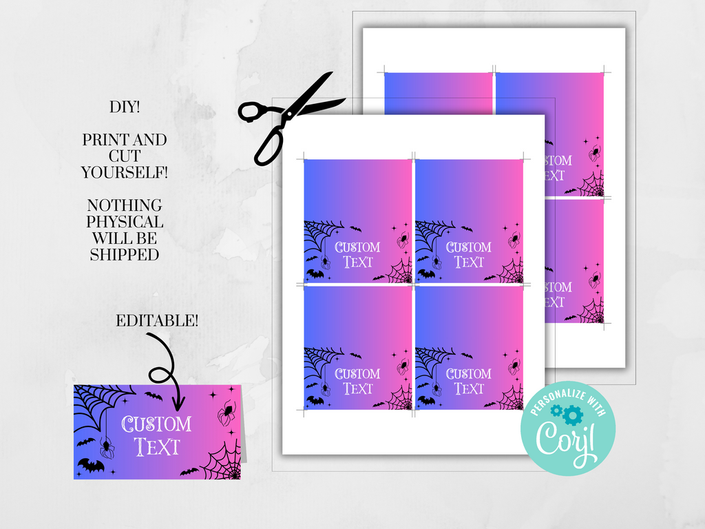 Printable and Editable Pink and Purple Bat and Spider Place Card