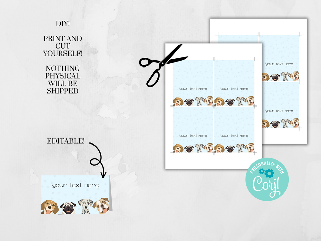 Printable Dog Party Table Setting Card in Blue