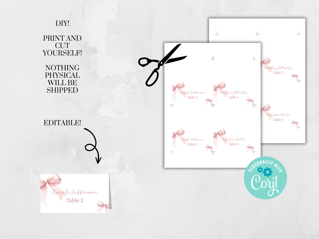 Pink Bow Place Cards (Printable and Editable)