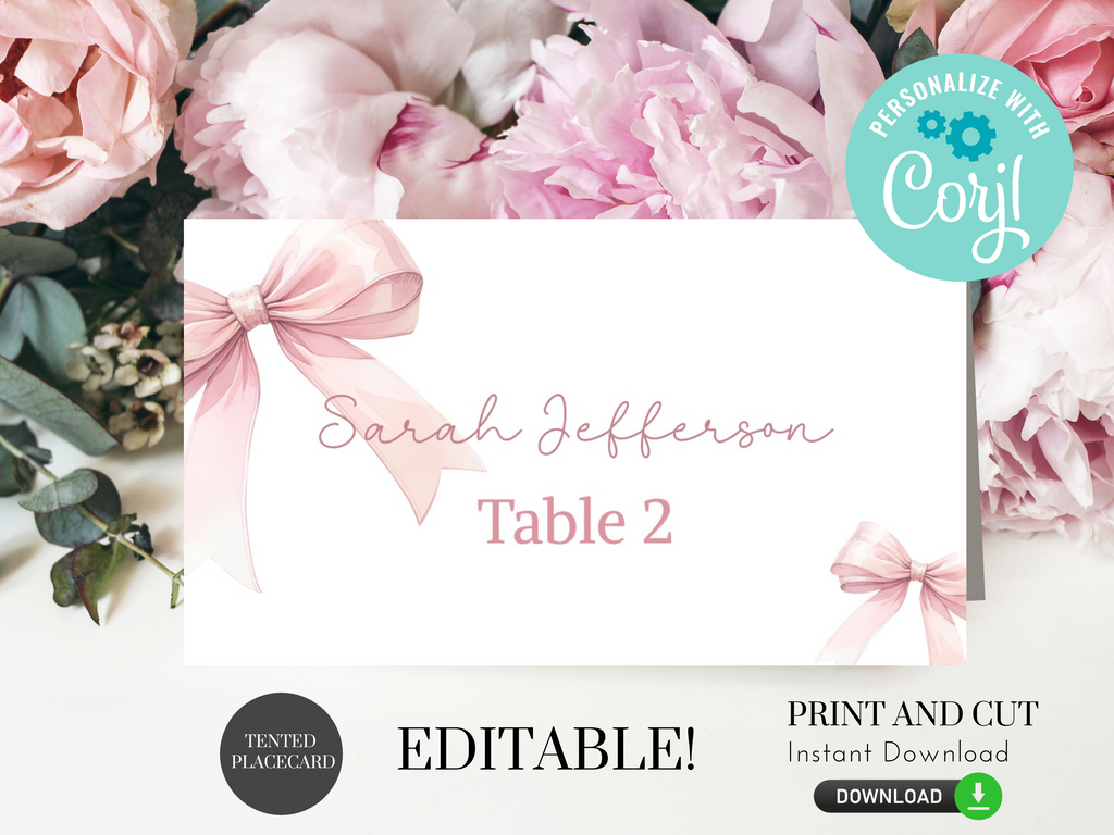 Pink Bow Place Cards (Printable and Editable)