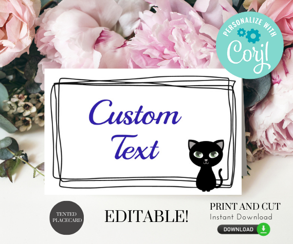 Printable and editable halloween place cards with black cat on them