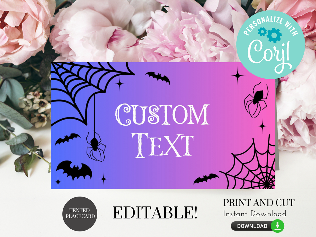 Printable and Editable Pink and Purple Bat and Spider Place Card