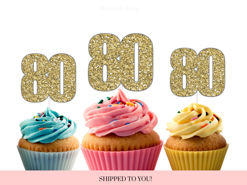80th Birthday Glitter Cupcake Toppers