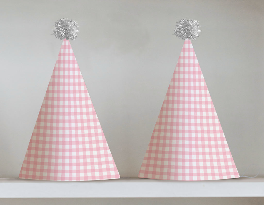 Print and cut pink gingham party hats - two on a page
