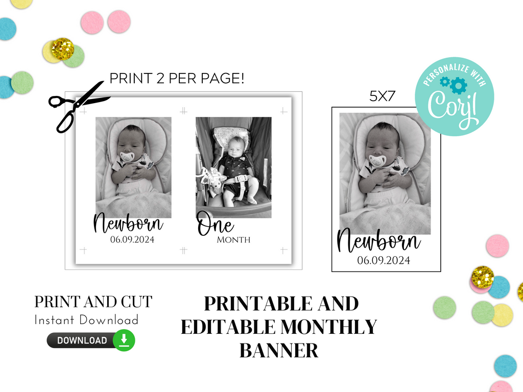 Modern black and white baby monthly milestone banner for 1st birthday