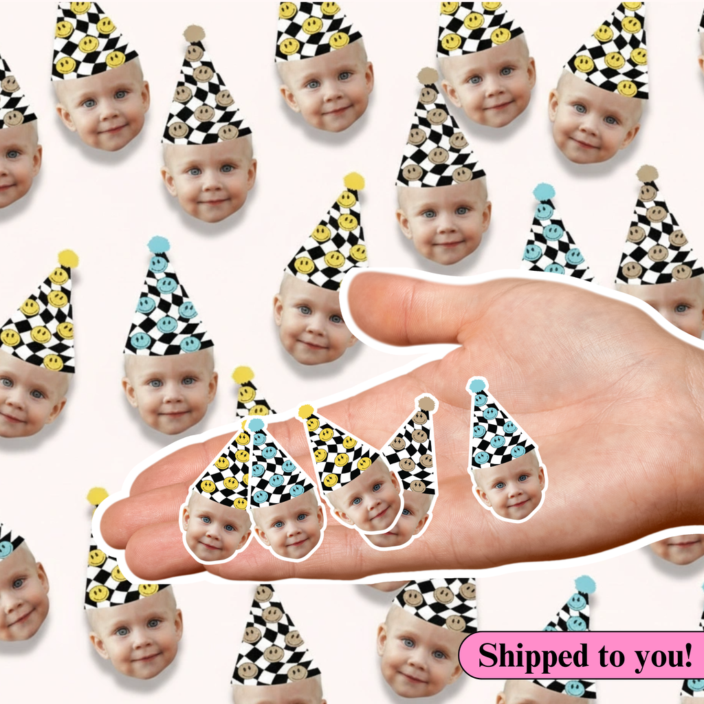 personalized table confetti face and smiley party hat