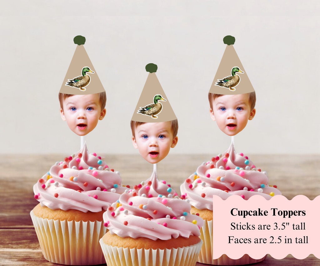 photo cupcake toppers with tan hat and a duck on the birthday hat