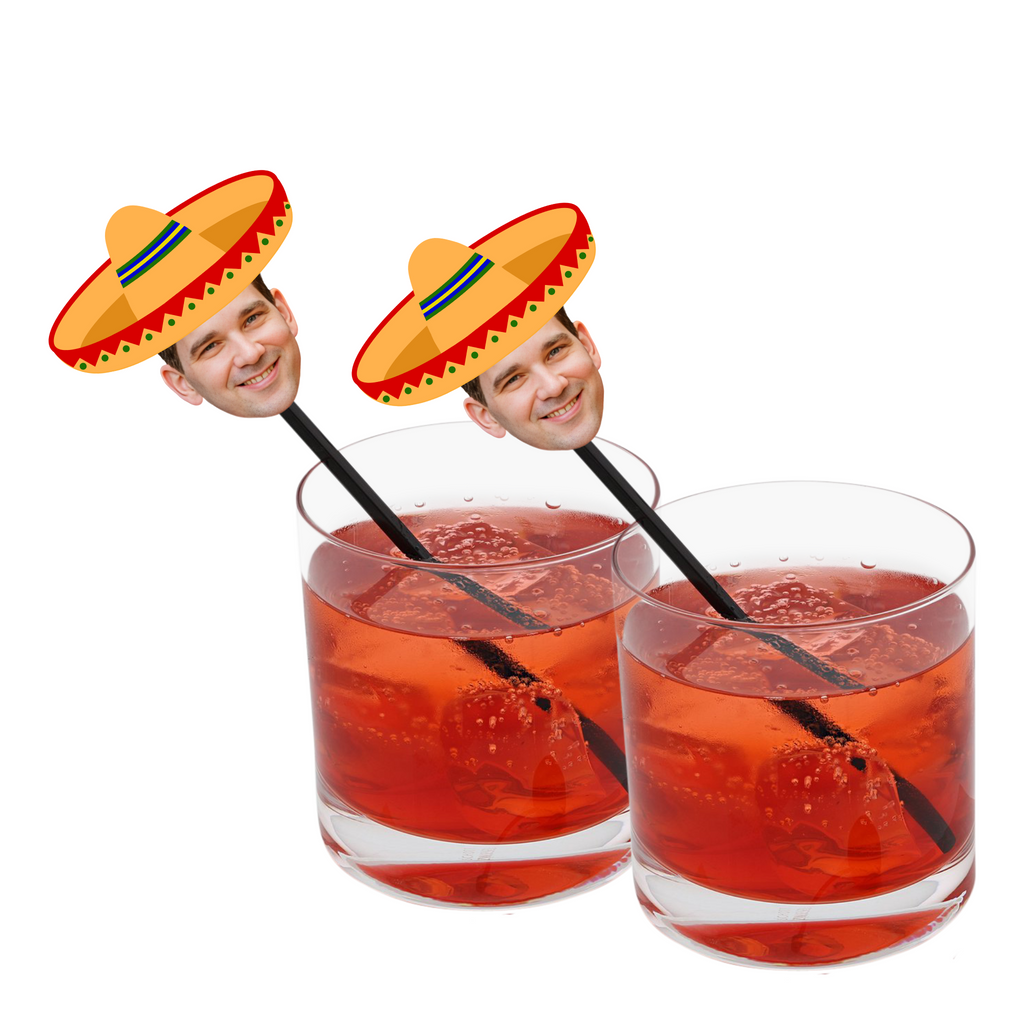 Cocktail stirrers with photo and orange sombrero