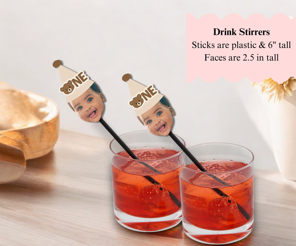 Personalized bear-themed drink stirrers with child's photo