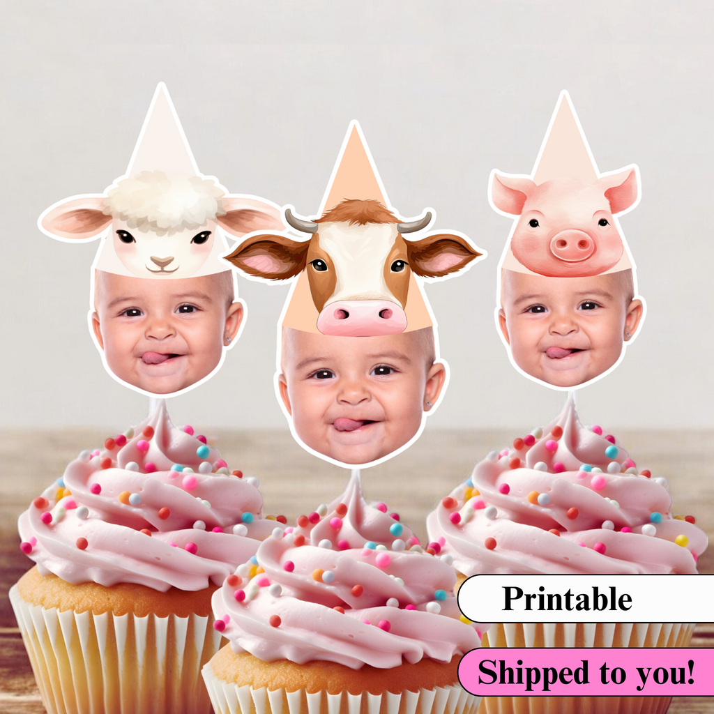 Personalized photo cupcake toppers for a farm animal birthday party