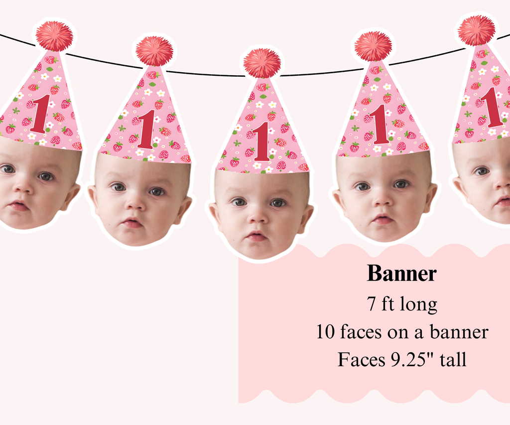 Personalized strawberry-themed first birthday banner with pink party hat and white flowers