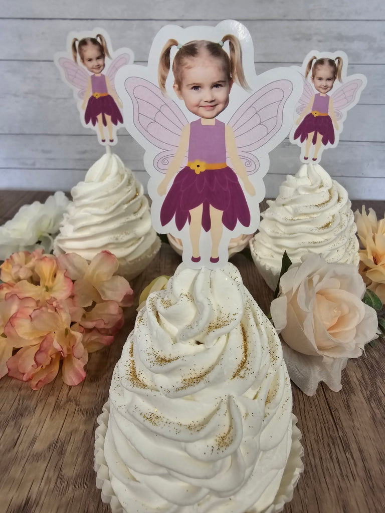 Photo personalized fairy cupcake topper for special events - forward facing