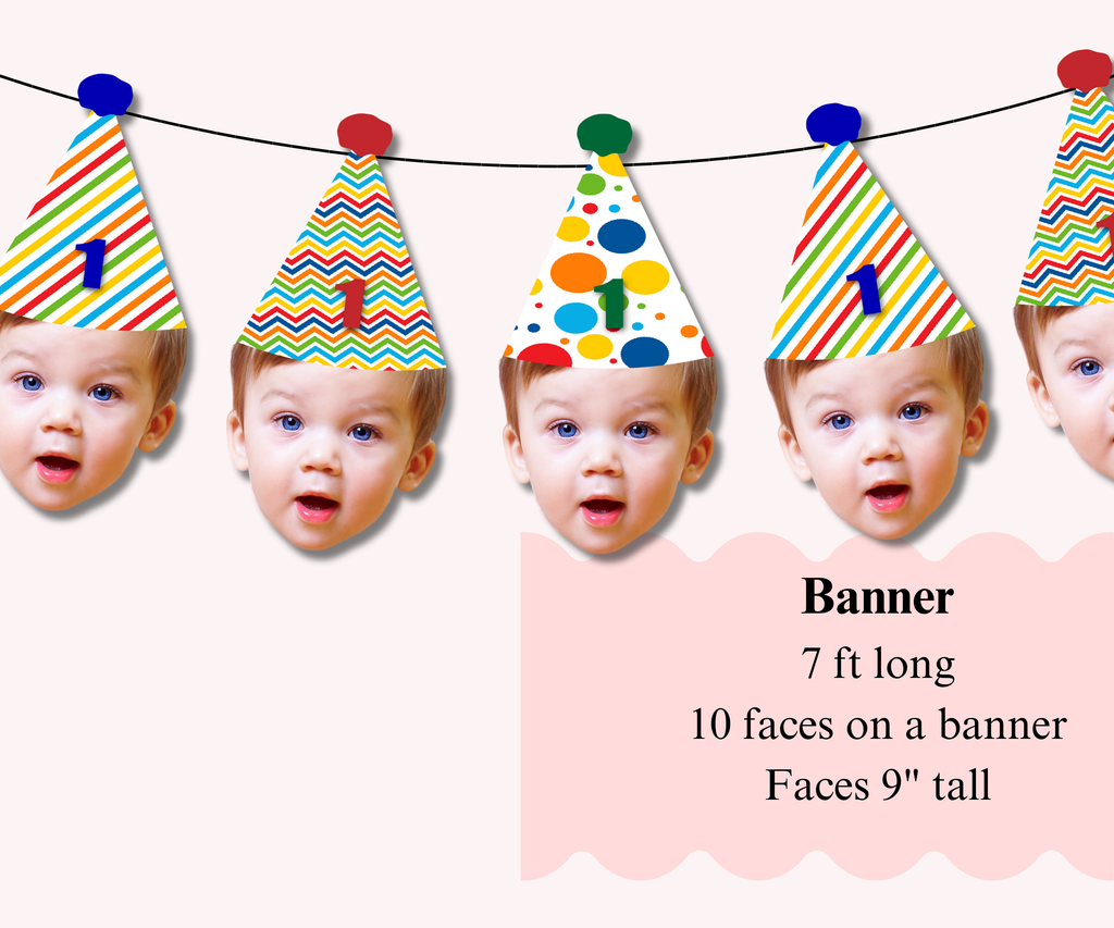 Banner with colorful party hats and baby faces, 7 feet long with 10 faces.