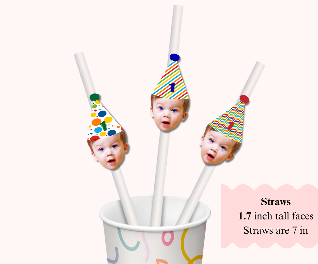 white Straws with baby faces and colorful hats in a cup on a white background