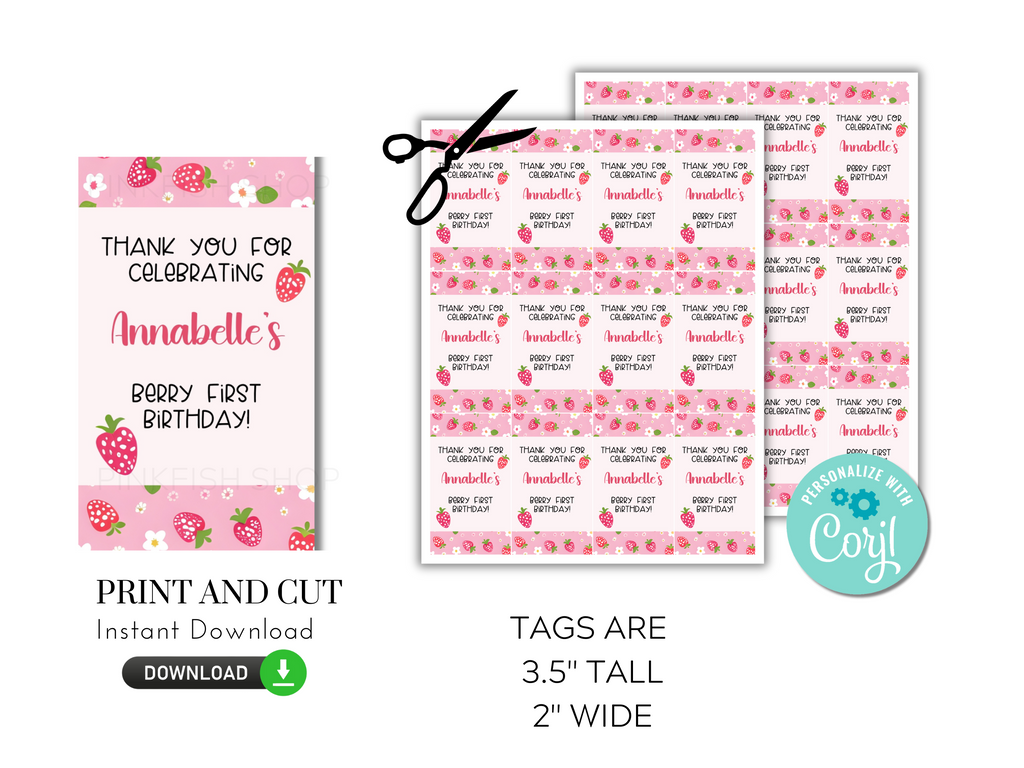 Printable berry birthday favor tags for a first birthday party