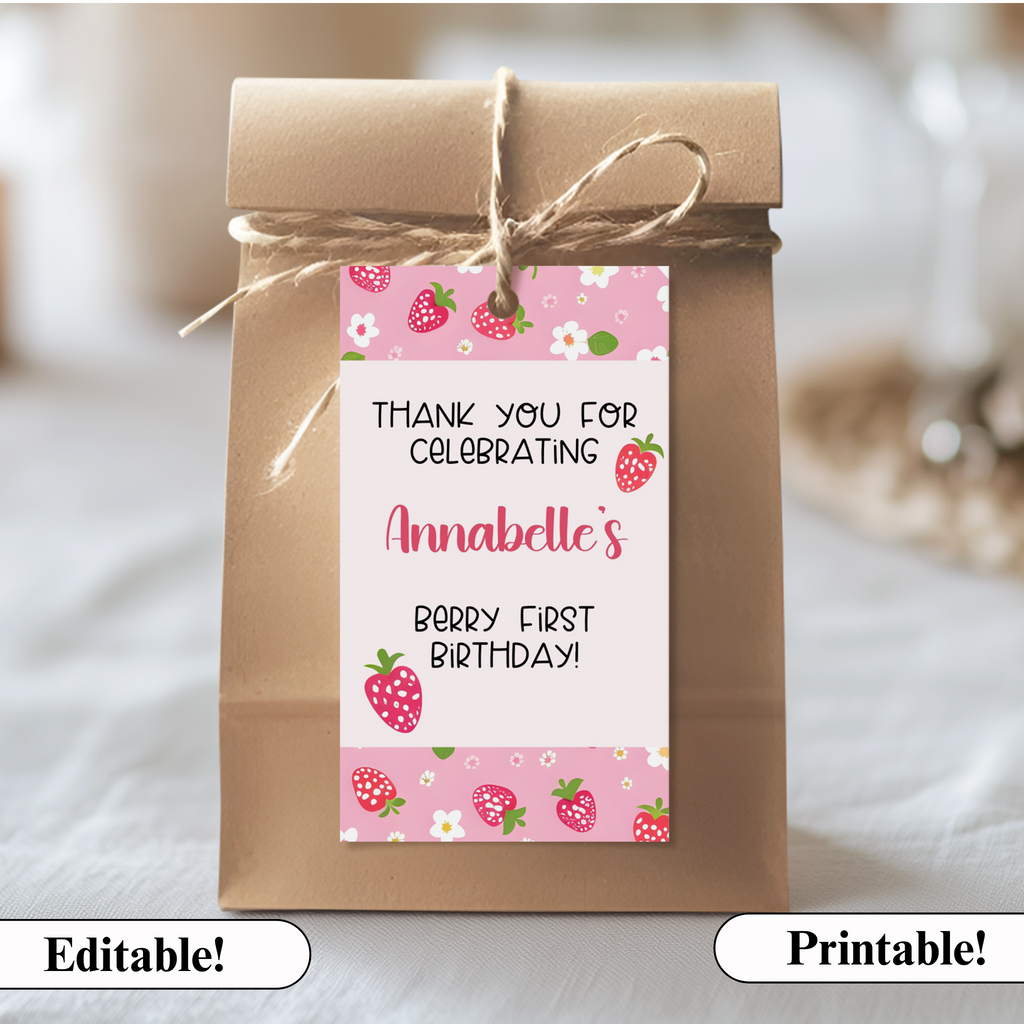 Personalized strawberry birthday favor tags - berry-themed party