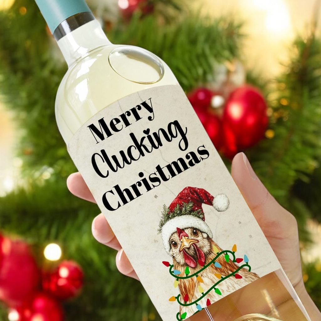 Printable merry clucking christmas wine label