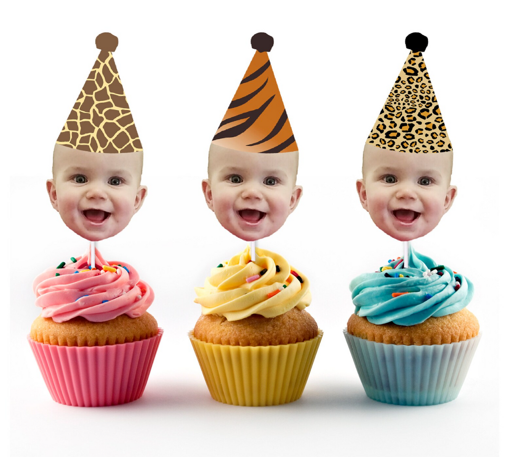 Jungle Animal Print Cupcake Toppers with Face and Birthday Hat (12 count)