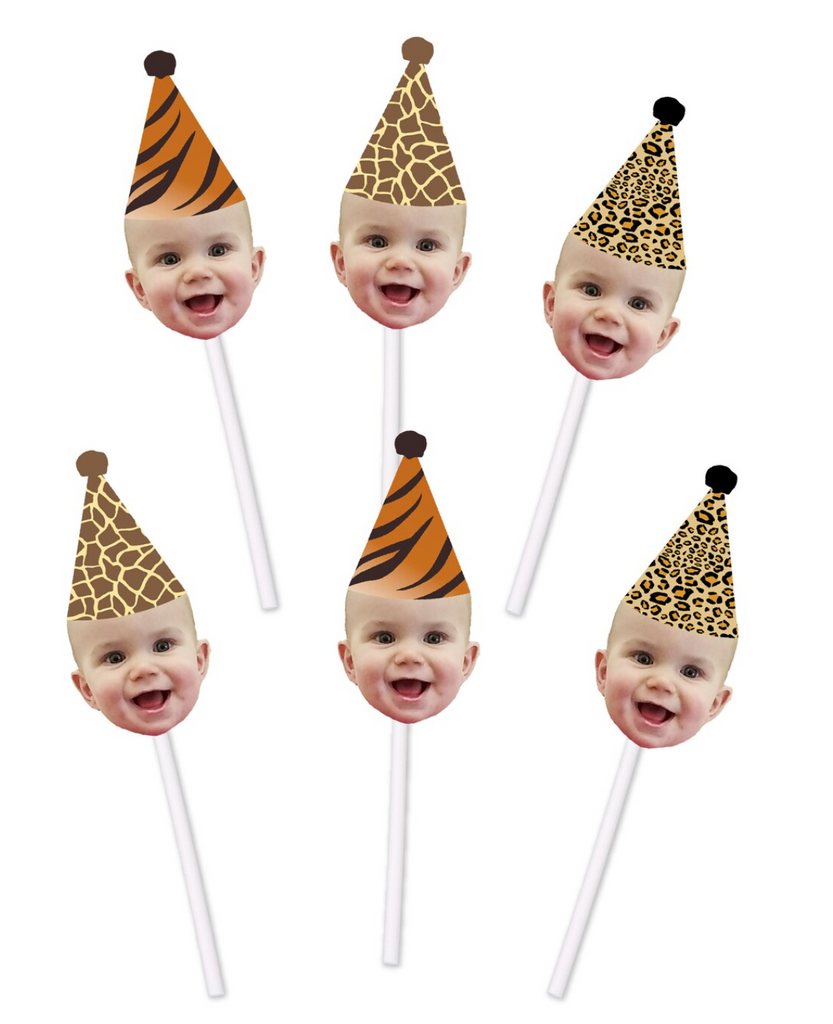 Jungle Animal Print Cupcake Toppers with Face and Birthday Hat (12 count)