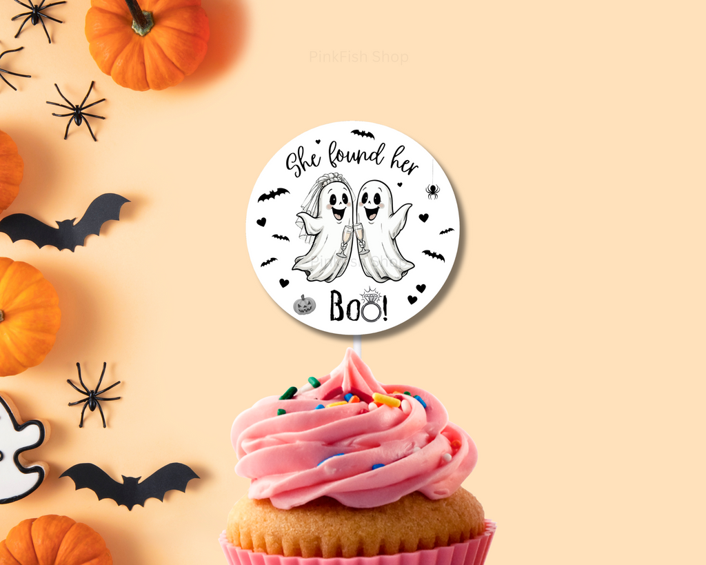 Ghost couple cupcake decoration, bride and groom in white circle holding champagne glasses