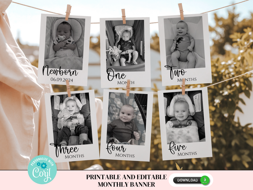 Simple first birthday photo banner with black and white monthly pictures