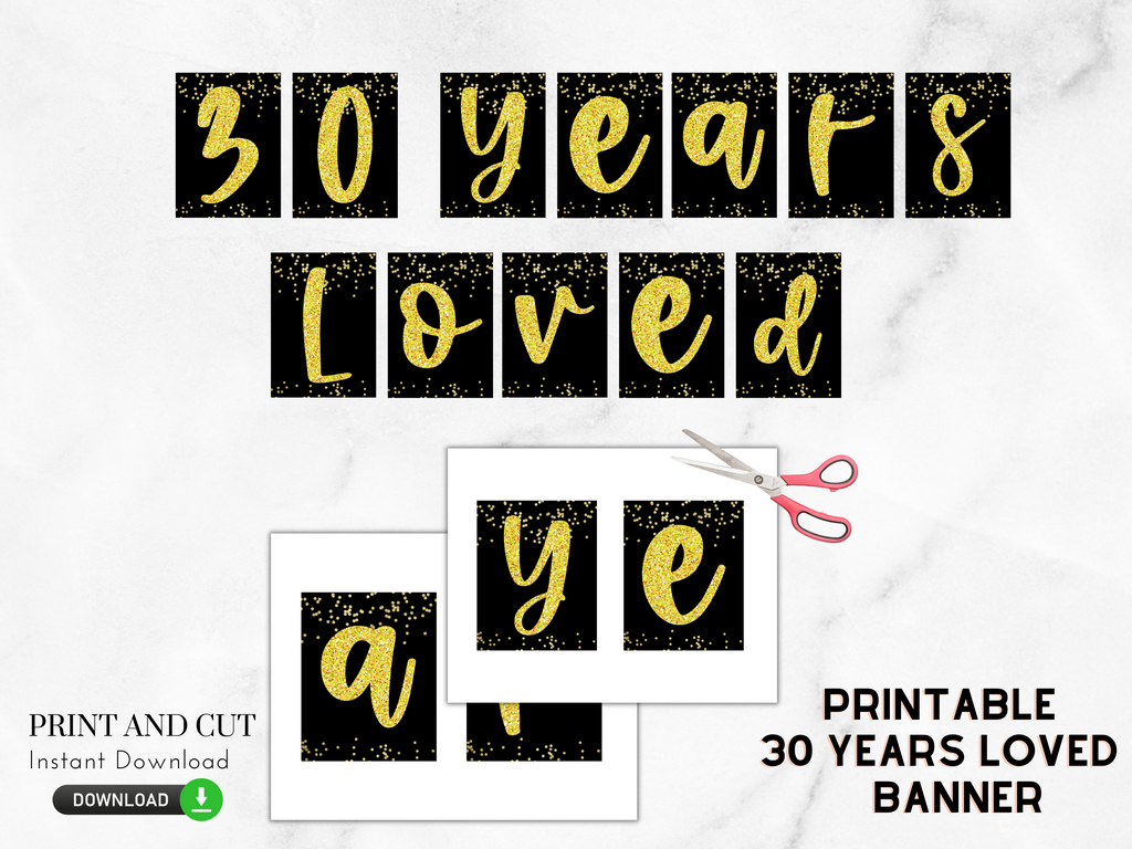 Printable 30th birthday banner in black and gold