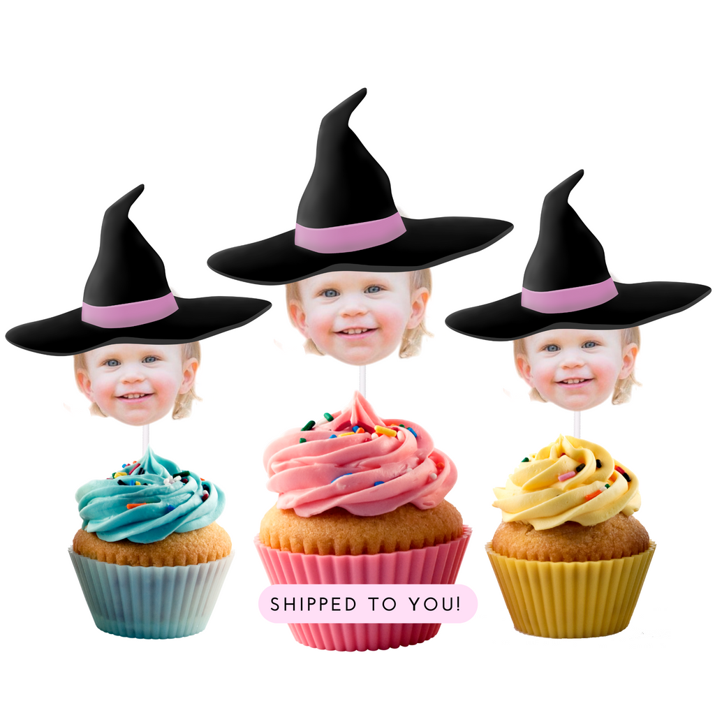 custom halloween cupcake toppers with photo and girly witch hat. Perfect for a girly halloween birthday party or a spooky one celebration