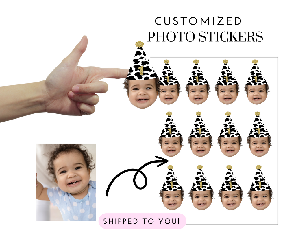 Custom photo confetti with cow print party hat