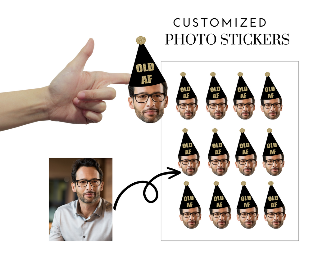 Custom photo stickers with OLD party hat on top