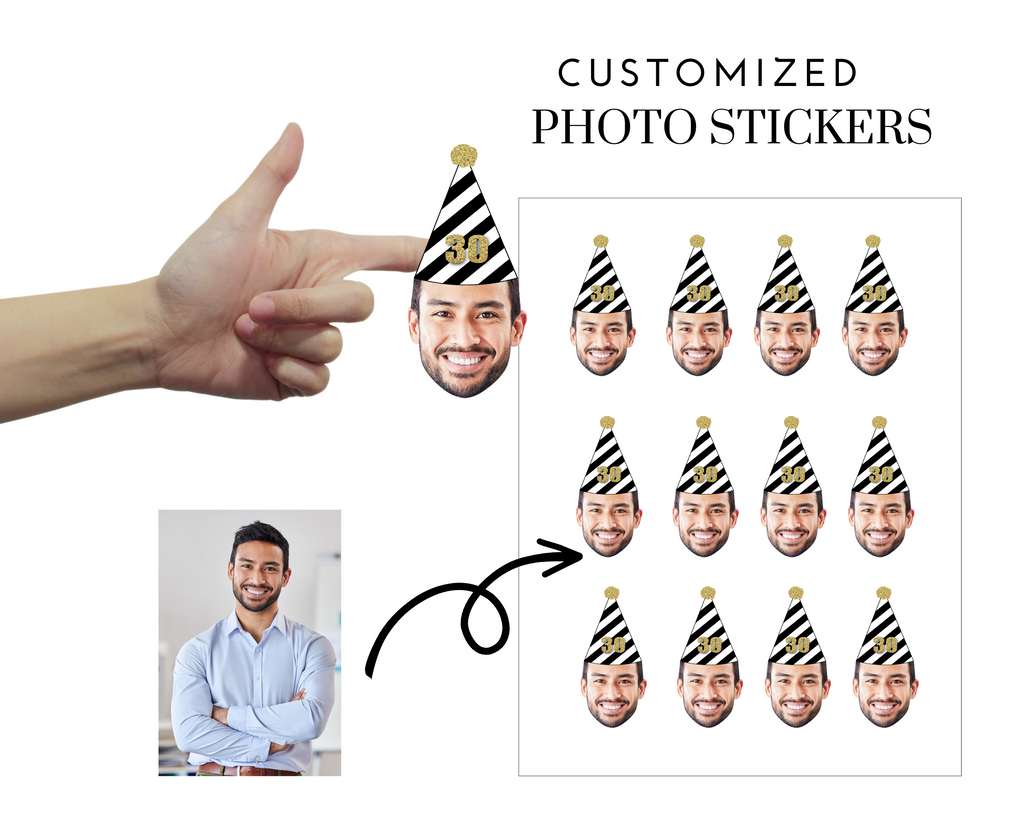 Birthday Stickers Customized with Face and Black and White Party Hat