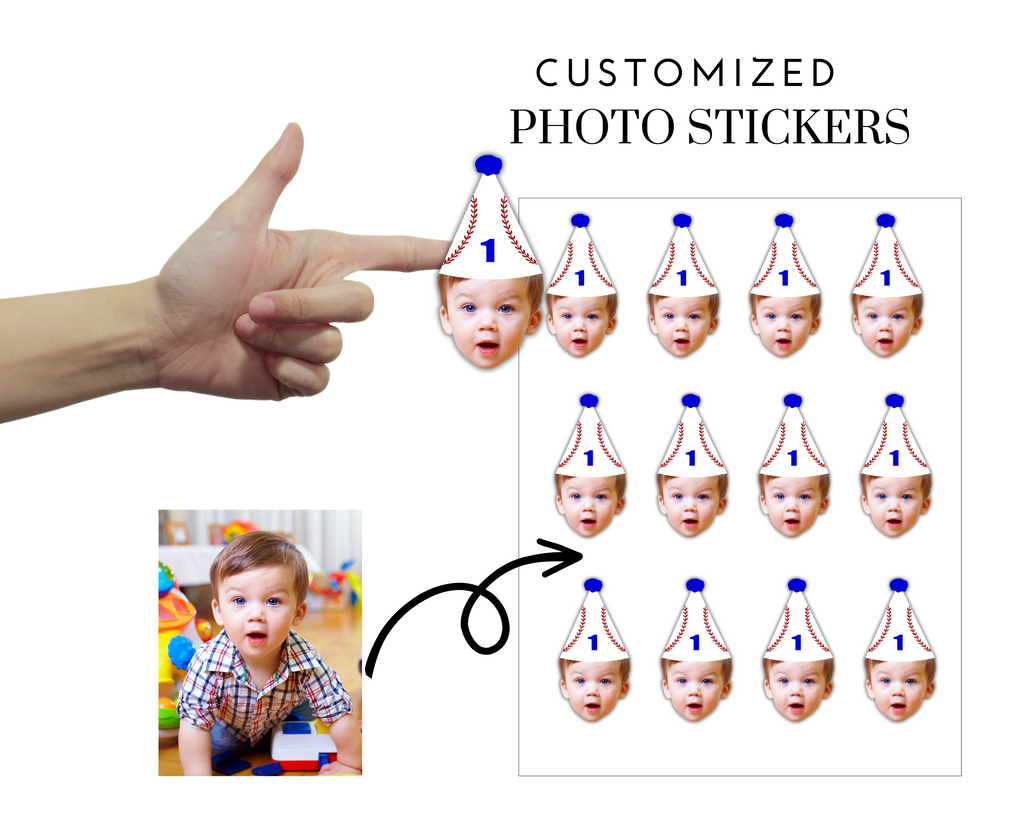 Custom photo stickers with baseball party hat on top