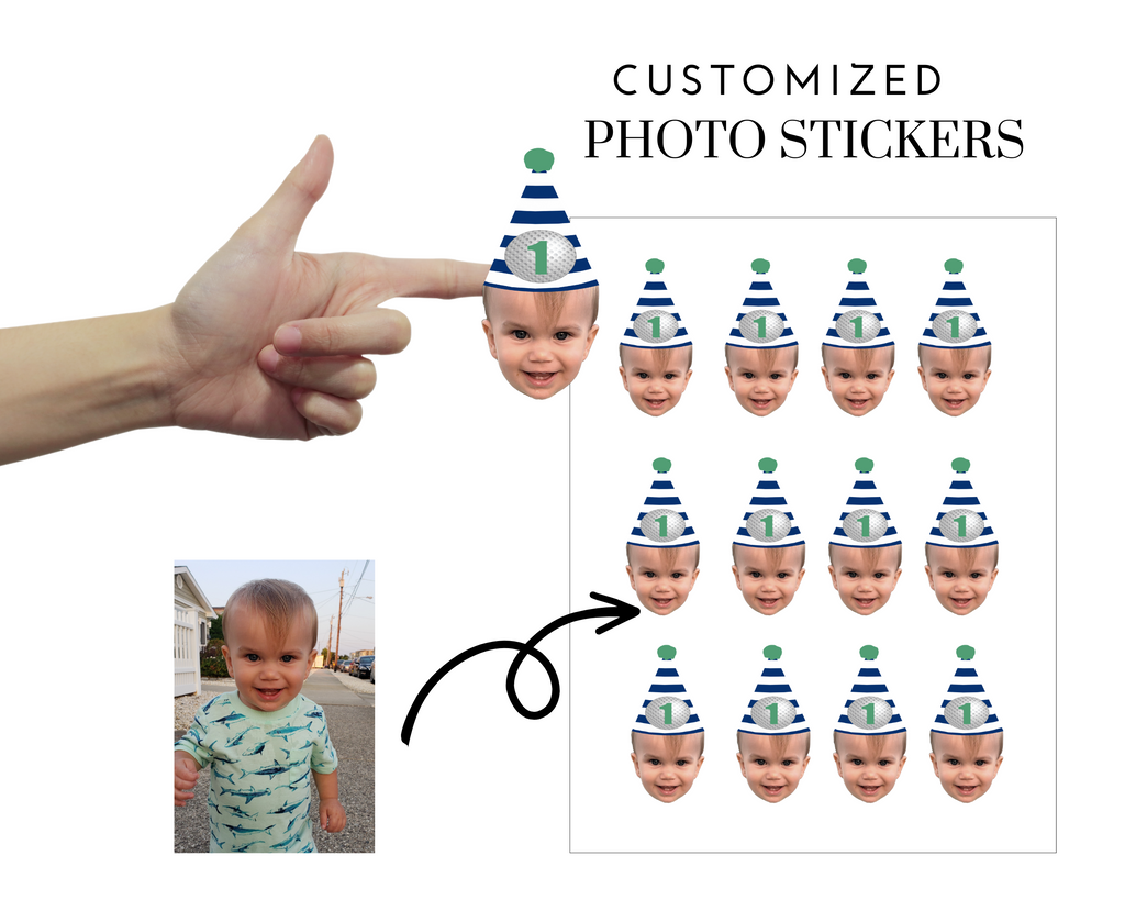 Golf Themed Birthday Stickers Customized with Photo and Party Hat