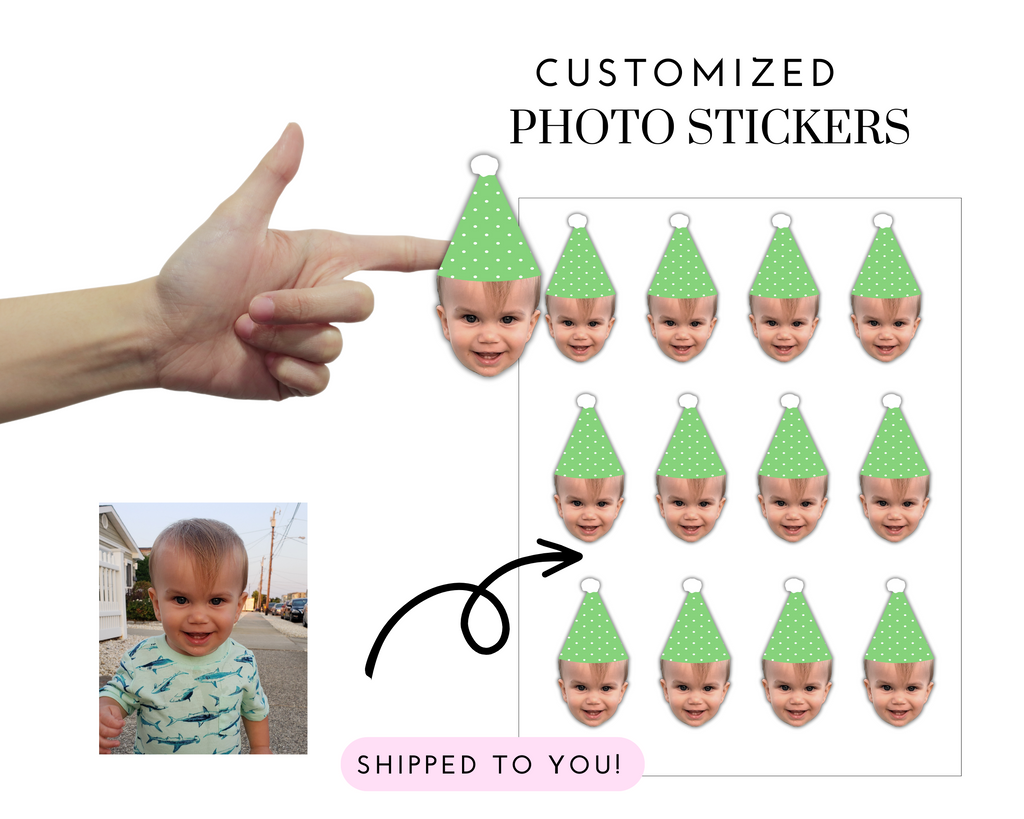 Custom photo stickers with face and green and white polka dot hat