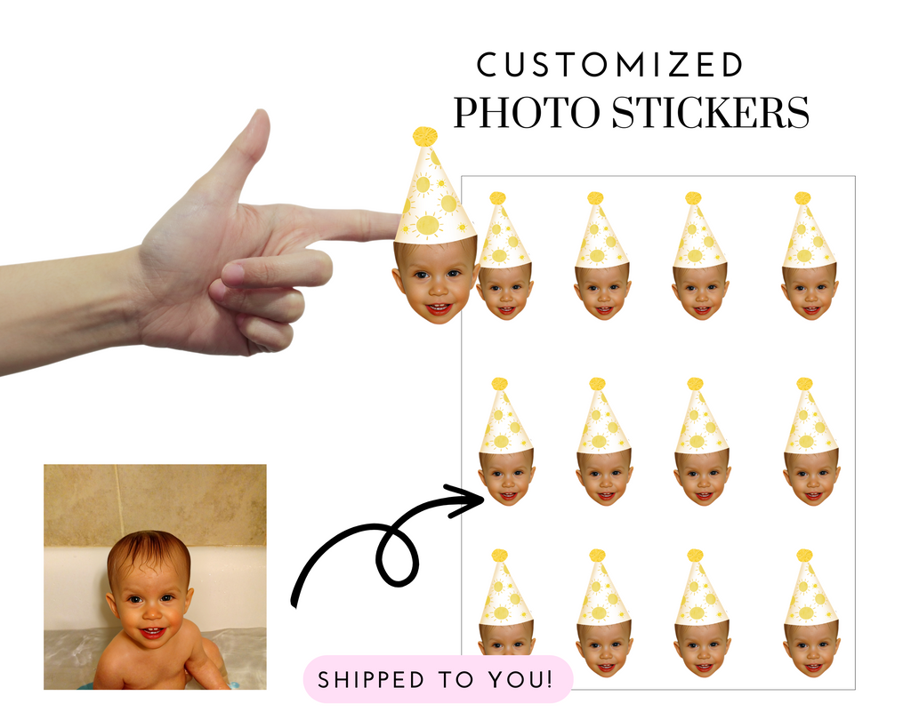 Photo stickers with sunshine party hat