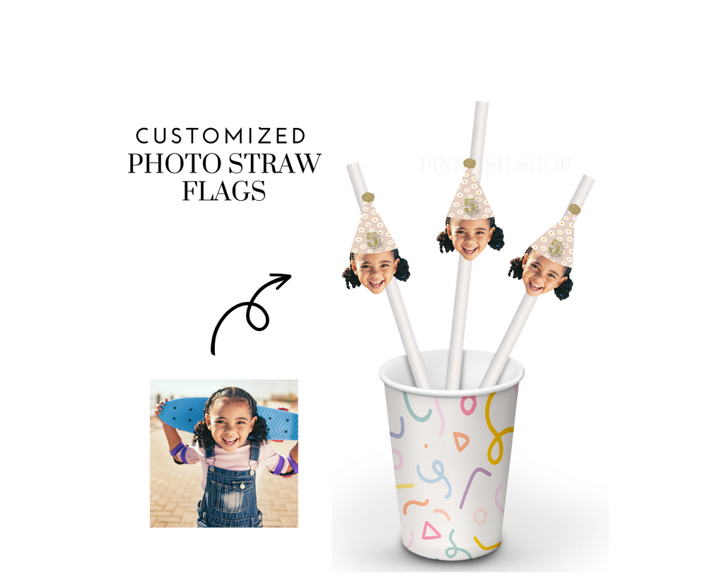 Customized photo straw flags with Daisy Party Hat (12 per order)