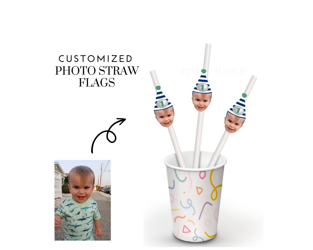 Custom photo straws with golf party hat on top