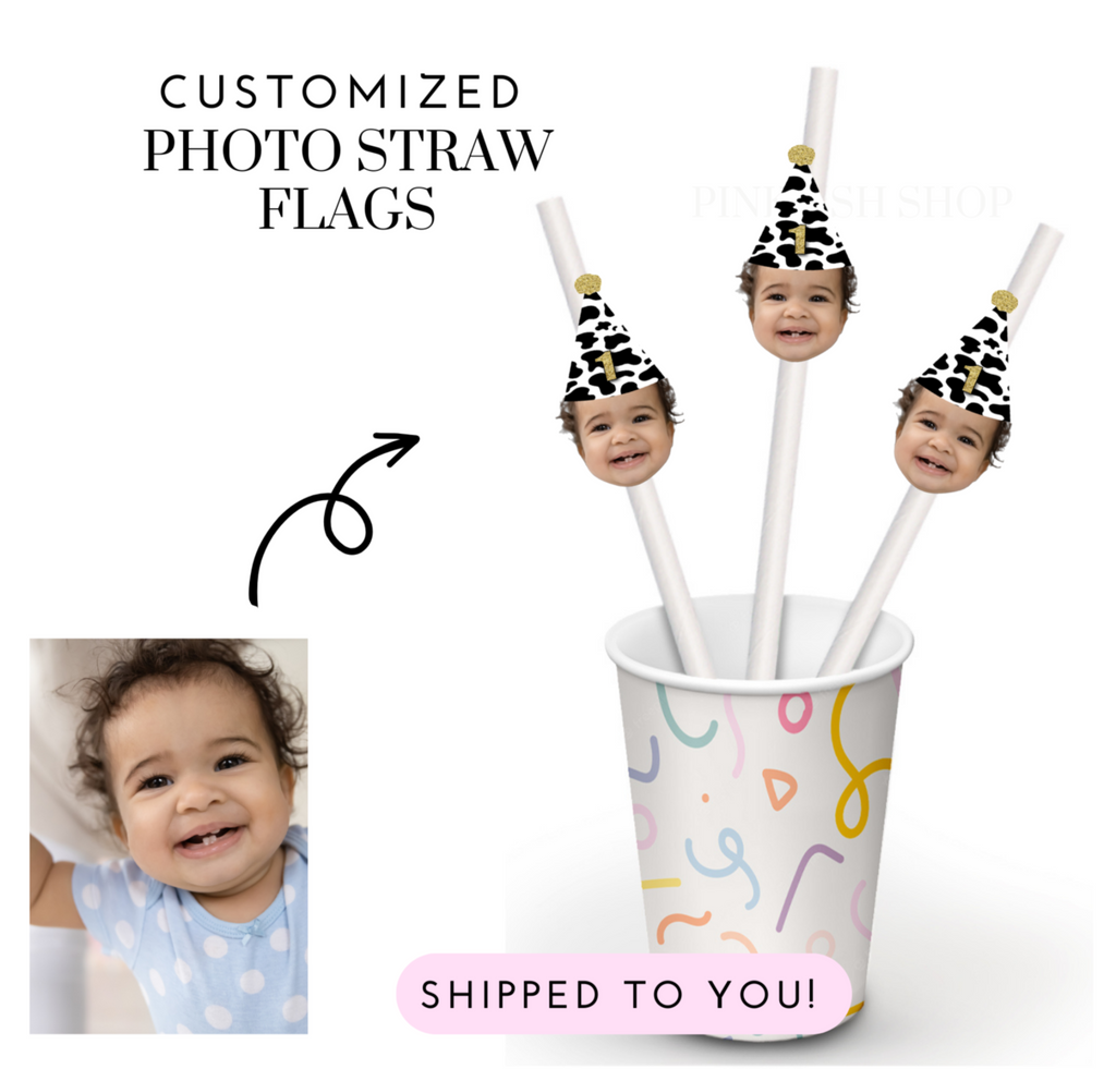 Photo straw flags with cow print hat on top