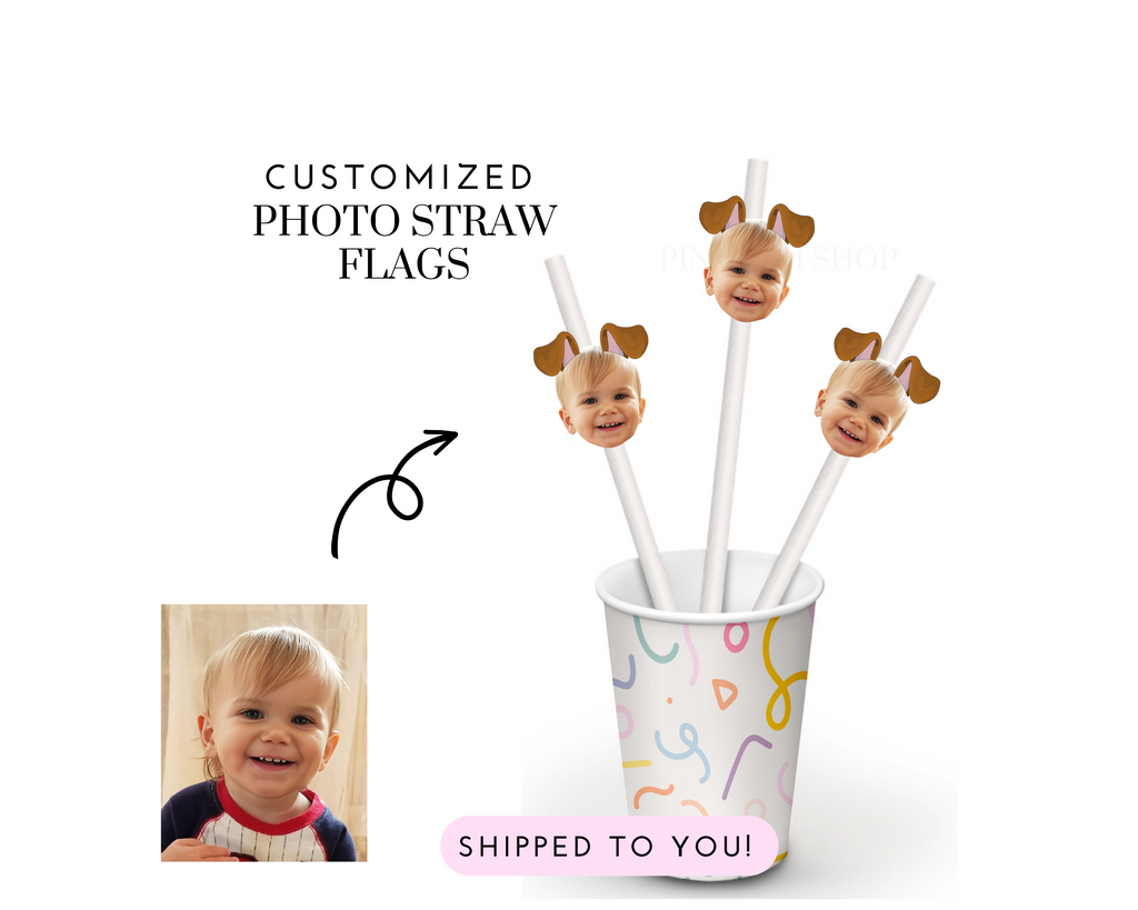 Let's Pawty straw flags customized with photo and puppy ears