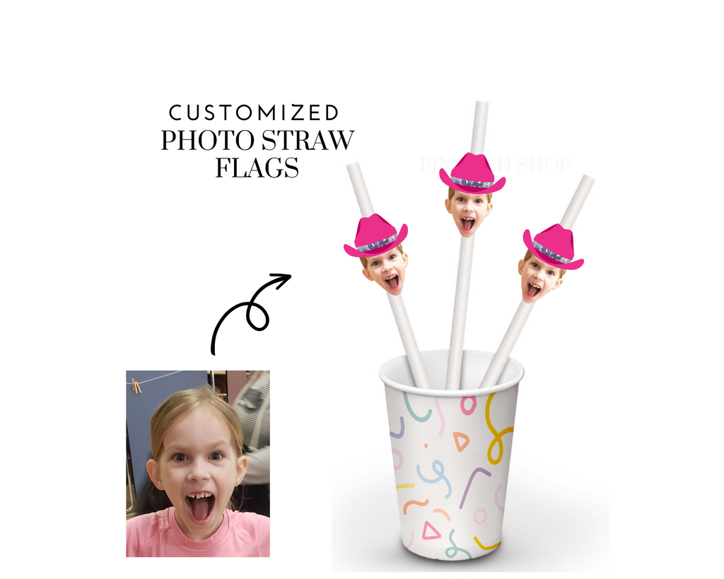Custom photo straw flags with disco cowgirl hat on top