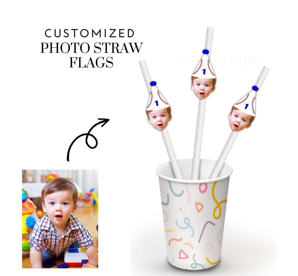 Customized photo straw flags with baseball party hat on top