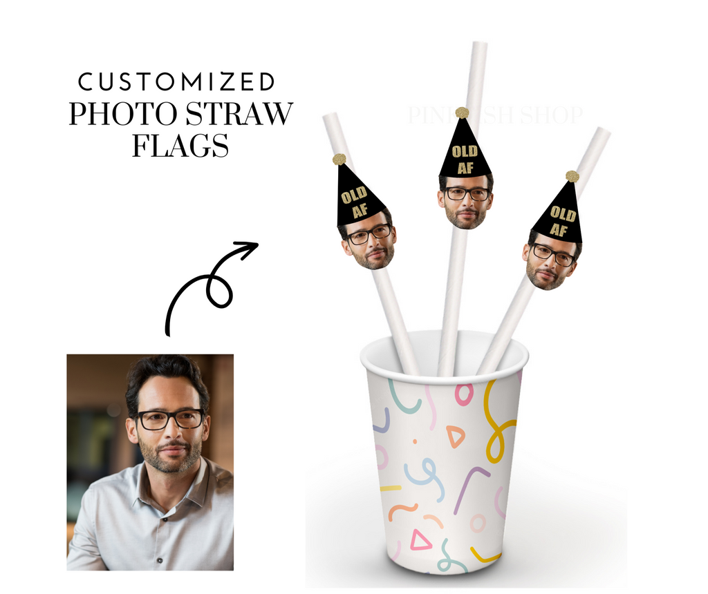 Custom paper straws with face and old af party hat