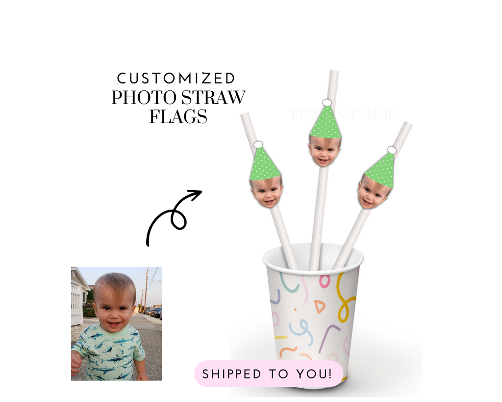 Custom photo straws with face and green and white party hat