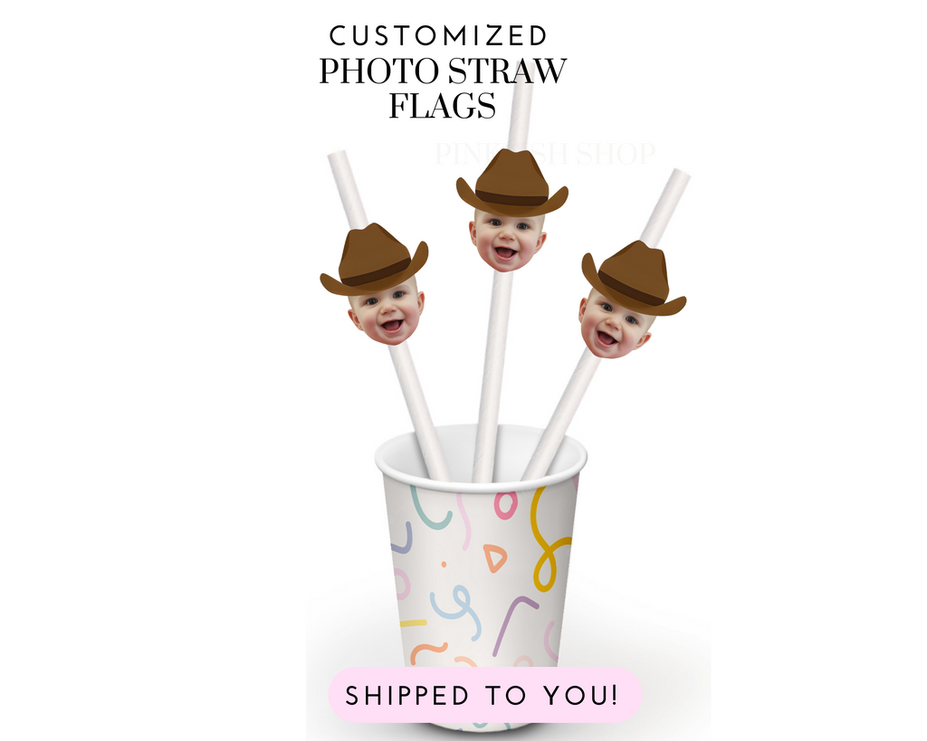 Rodeo straw flags with face and cowboy hat