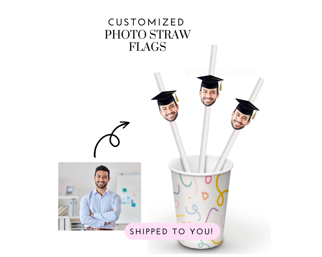Graduation straw flags with photo and grad cap