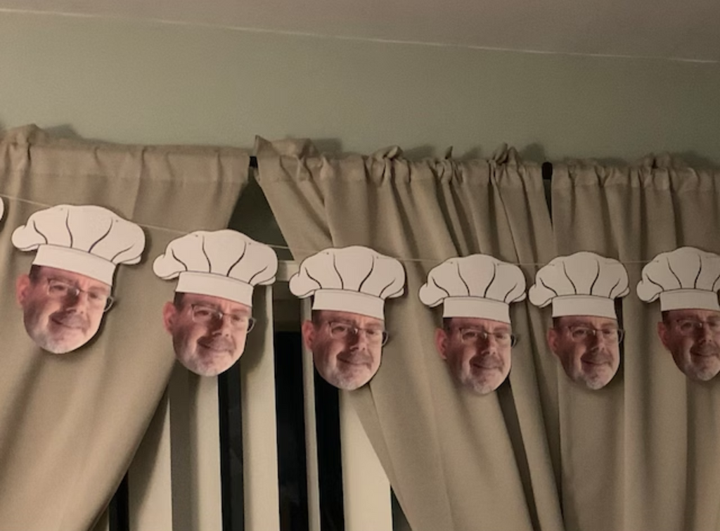 pizza party banner with face and chef hat
