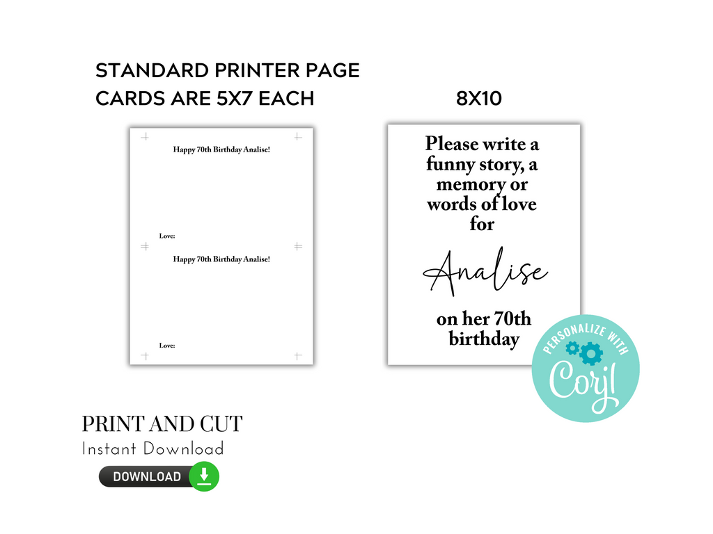 Two printed cards with text for a 70th birthday