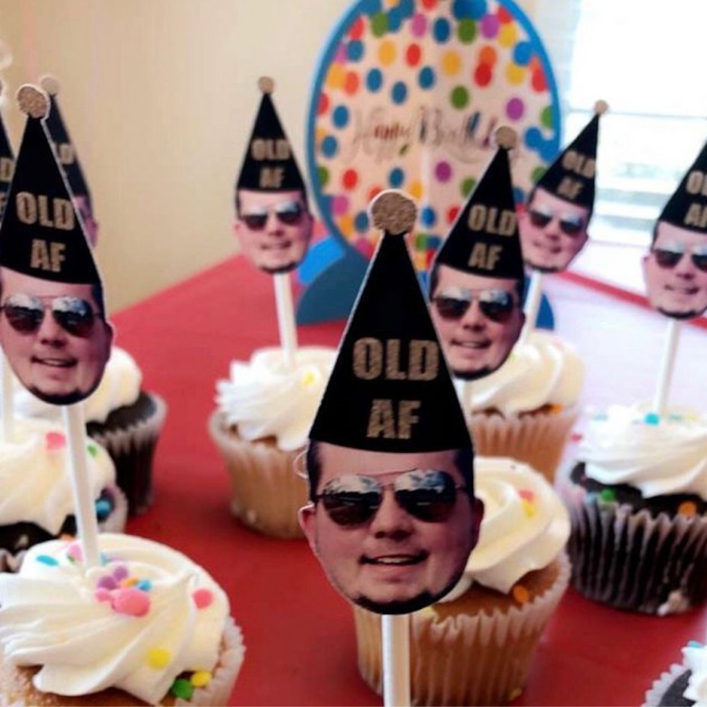 OLD AF Birthday Cupcake Toppers with Face and Birthday Hat - Party Decorations, Over the HIll, 50th, 60th, 40th, 30th Bday